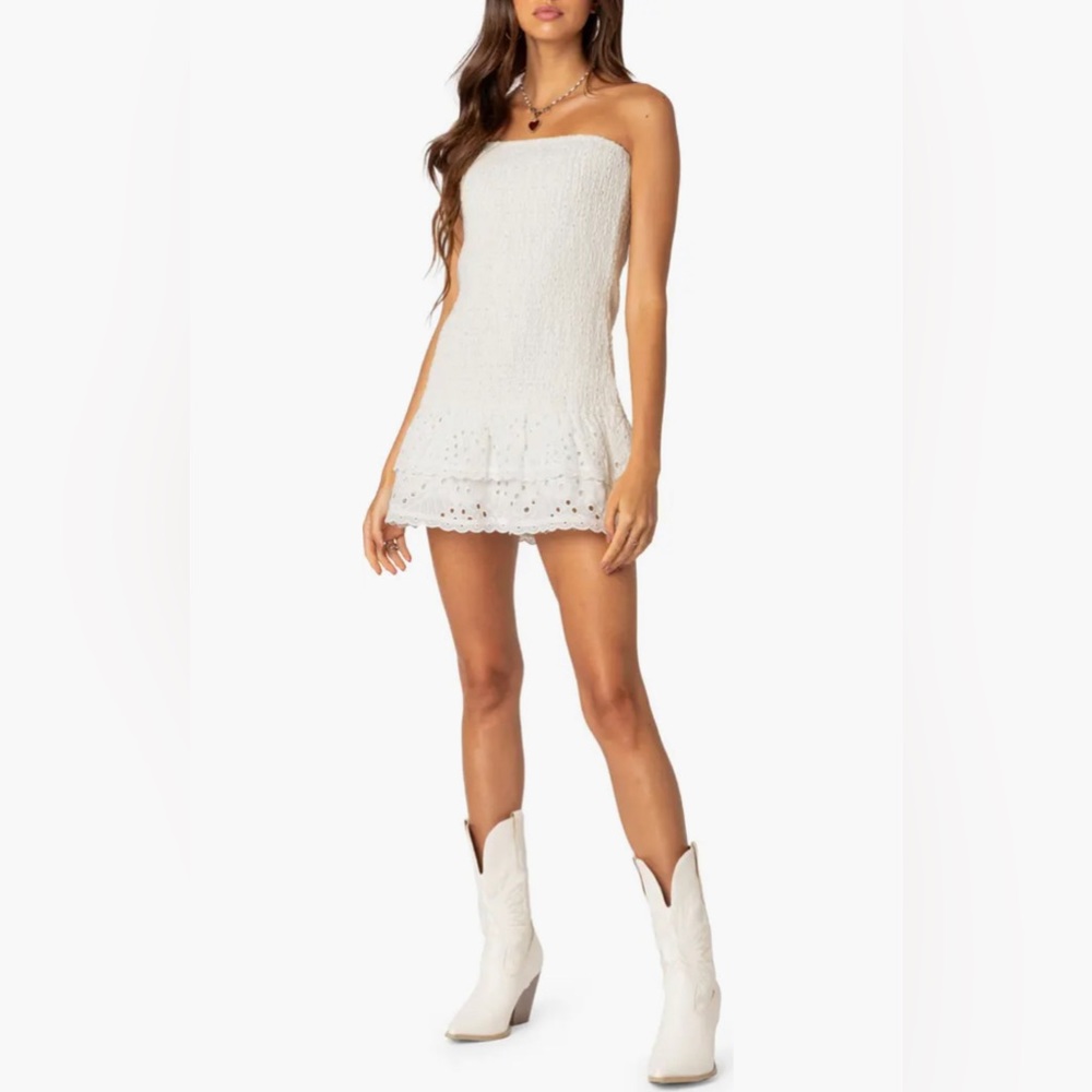 edikted white livia strapless cotton eyelet minidress NWT